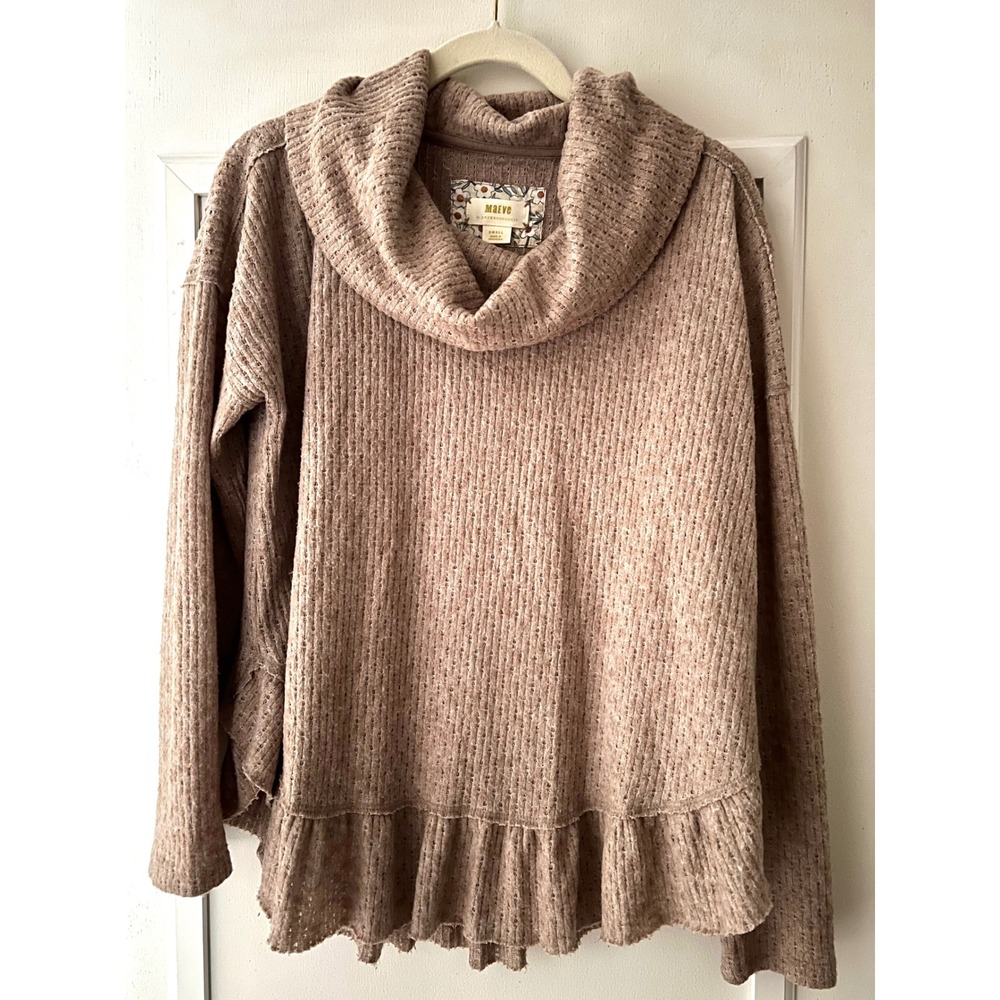 Maeve Anthropologie Womens Small Dusty Rose Cowl Neck Ruffle Hem Knit Sweater